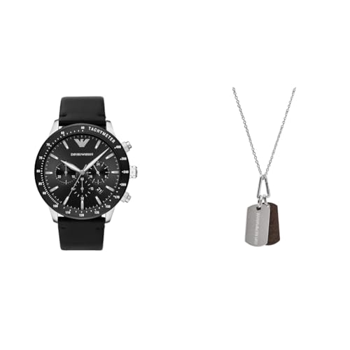EMPORIO ARMANI Herren Schwarze Lederuhr und Silberfarbener Edelstahl Halskette, Set von EMPORIO ARMANI