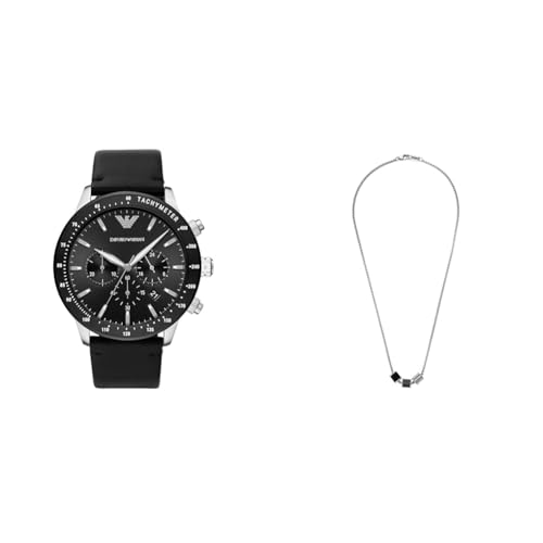 EMPORIO ARMANI Herren Schwarze Lederuhr und Silberfarbener Edelstahl Halskette, Set von EMPORIO ARMANI