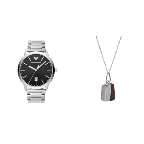EMPORIO ARMANI Herren Silberfarbene Edelstahl Uhr und Halskette, Set von EMPORIO ARMANI