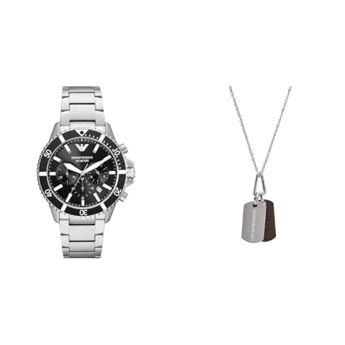 EMPORIO ARMANI Herren Silberfarbene Edelstahl Uhr und Halskette, Set von EMPORIO ARMANI