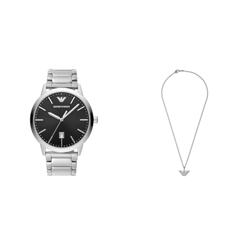 EMPORIO ARMANI Herren Silberfarbene Edelstahl Uhr und Halskette, Set von EMPORIO ARMANI