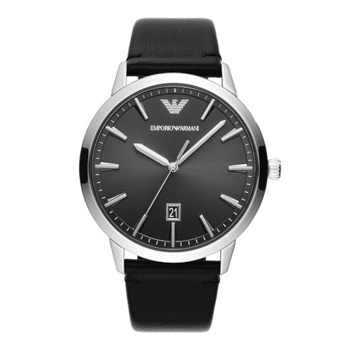 Emporio Armani Uhr für Herren , DreizeigerDatumswerk, 43mm Silbernes Edelstahlgehäuse mit Lederarmband, AR11193, Grau von EMPORIO ARMANI
