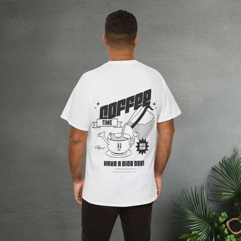 Coffee Lover Retro Cartoon Mascot Character T-Shirt Backprint Shirt Unisex With Graphic But First Time von EMPOWERMENTUG