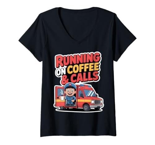 Damen Laufen auf Kaffee und Ruft Sanitäter an T-Shirt mit V-Ausschnitt Damen Laufen auf Kaffee und Ruft Sanitäter an T-Shirt mit V-Ausschnitt von EMS Apparel