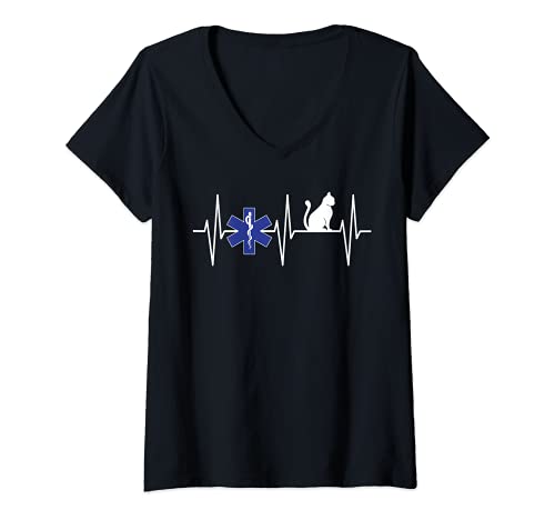 Damen EMS Shirt Katzenliebhaber EMT Sanitäter Herzschlag Katzen T-Shirt mit V-Ausschnitt von EMS and Cats Clothing & More