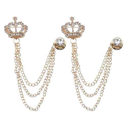 EMSea 2er-Pack Krone Brosche Hängende Kette Brosche Anstecknadel für Männer, Geschenke, Punk-Buck-Krawatte Anstecknadel, Hängende Kette Strass-Kragenkettennadel, Gold von EMSea