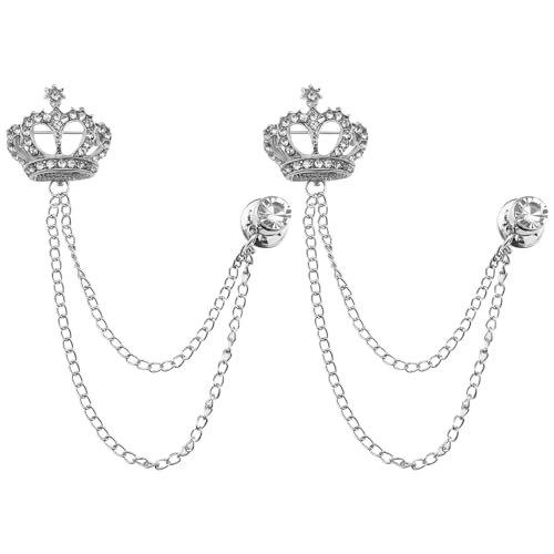 EMSea 2er-Pack Krone Brosche Hängende Kette Brosche Anstecknadel für Männer, Geschenke, Punk-Buck-Krawatte Anstecknadel, Hängende Kette Strass-Kragenkettennadel, Silberfarbe von EMSea