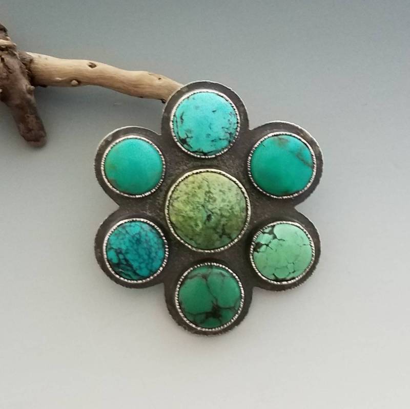 Türkis Blumen Brosche Anhänger Sterling Silber Handwerker Halskette von EMWmetalworks