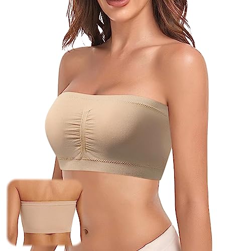 Trägerloser Bandeau BH Spitze Trägerlos Damen Bandeau Trägerloser BH Nahtlose Tube Top BH ohne Bügel Ungepolstert Bandeau BH -weiche/Anti-Rutsch- mit Transparenten Trägern (Aprikose XXXL) von ENAIAH