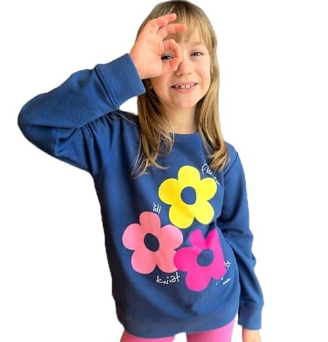ENDO Kinder Mädchen Baumwoll-Sweatshirt Happy Flowers Marineblau Größe 128 Blumen Pullover Für Kinder Langarmshirt von ENDO