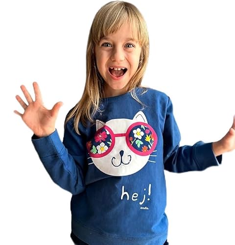 ENDO Kinder Mädchen Sweatshirt Baumwolle Lächelnde Katze Navy Blau Größe 134 Pullover Für Kinder Langarmshirt von ENDO