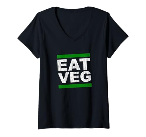 Damen EAT Veg Vegan Vegetarisch pflanzenfressend pflanzenbasiert inspiriert T-Shirt mit V-Ausschnitt Damen EAT Veg Vegan Vegetarisch pflanzenfressend pflanzenbasiert inspiriert T-Shirt mit V-Ausschnitt von ENDU Designs - Vegan Inspired Apparel