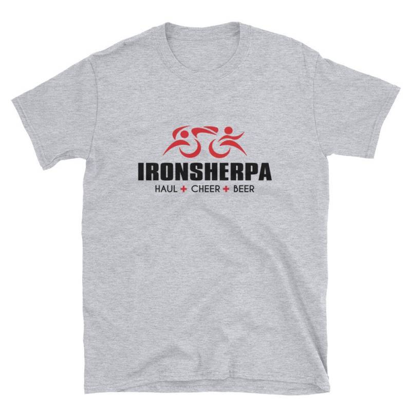 Ironsherpa Tri Sherpa Triathlon Tshirt - Kurzer Spruch Für Meine Triathletin Kurzärmeliges Unisex T-Shirt von ENDUdesigns