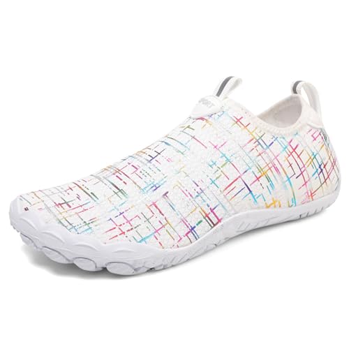 ENEN Barfuss Schuhe Damen, Leicht Atmungsaktiv Barfußschuhe Herren, Drucken Schnell Trocknend Barfußschuhe, Wasserschuhe Damen mit Drainageloch, Wasserschuhe Traillaufschuhe (Weiß 2,36) von ENEN