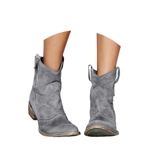 ENEN Cowboy Stiefeletten Damen Vintage, 34-48 EU Stiefeletten Damen mit Absatz Cowboystiefel Weiter Schaft Cowboy Boots Atmungsaktiv Reißverschluss Western Cowgirl Stiefel (Grau,41) von ENEN