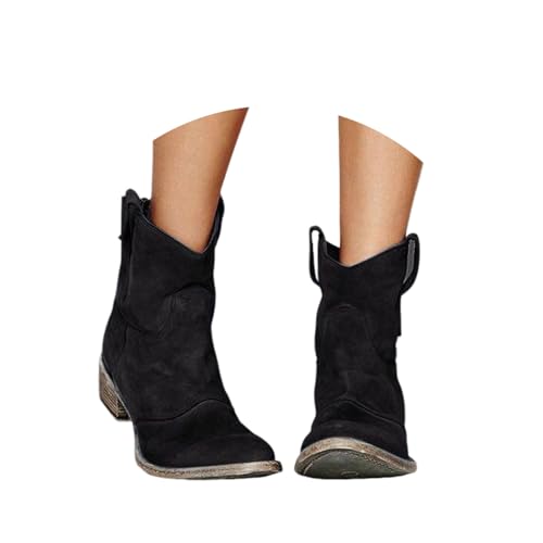 ENEN Cowboy Stiefeletten Damen Vintage, 34-48 EU Stiefeletten Damen mit Absatz Cowboystiefel Weiter Schaft Cowboy Boots Atmungsaktiv Reißverschluss Western Cowgirl Stiefel (Schwarz,42) von ENEN