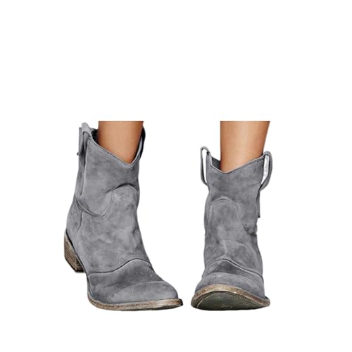 ENEN Cowboy Stiefeletten Damen Vintage, 34-48 Stiefeletten Damen mit Absatz Cowboystiefel Weiter Schaft Cowboy Boots Atmungsaktiv Reißverschluss Western Cowgirl Stiefel (34,Grau) von ENEN