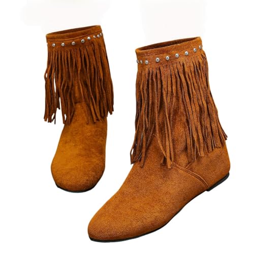 ENEN Cowboystiefel Damen Kurz Weiter Schaft, Quasten Stiefeletten Mit Herbst Winter Halbstiefel Atmungsaktiv Reißverschluss Kurzstiefel Westernstiefel 36-42 EU (Khaki,39) von ENEN