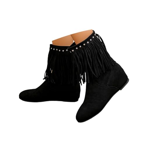 ENEN Cowboystiefel Damen Kurz Weiter Schaft, Quasten Stiefeletten Mit Herbst Winter Halbstiefel Atmungsaktiv Reißverschluss Kurzstiefel Westernstiefel 36-42 EU (Schwarz,37) von ENEN