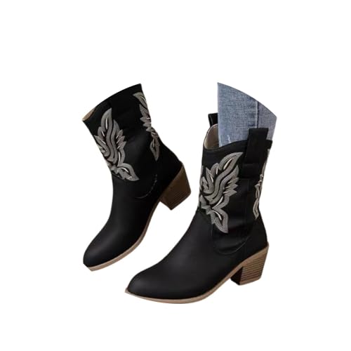 ENEN Cowboystiefel Damen Kurz Weiter Schaft, Wildleder Stiefeletten Mit Herbst Winter Halbstiefel Atmungsaktiv Reißverschluss Kurzstiefel Westernstiefel Stickerei 36-43 EU (Schwarz,36) von ENEN