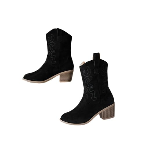 ENEN Cowboystiefel Damen Weiter Schaft, Stickerei Stiefeletten Mit Herbst Winter Halbstiefel Atmungsaktiv Reißverschluss Kurzstiefel Westernstiefel 36-43 EU (Schwarz,37) von ENEN