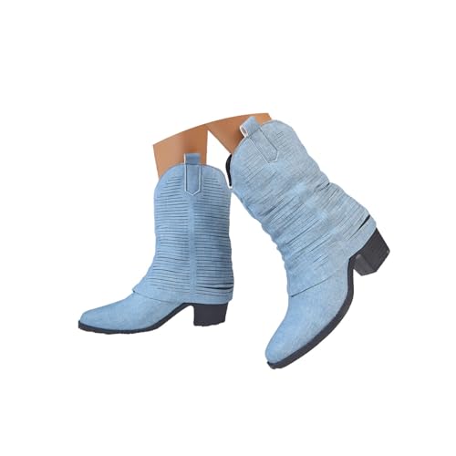 ENEN Cowboystiefel Damen Weiter Schaft, Stiefeletten Mit Herbst Winter Halbstiefel Atmungsaktiv Reißverschluss Kurzstiefel Westernstiefel Mode Klassisch 36-43 EU (Blau,36) von ENEN
