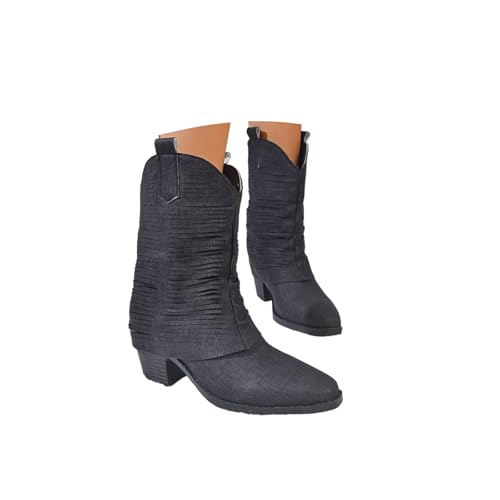 ENEN Cowboystiefel Damen Weiter Schaft, Stiefeletten Mit Herbst Winter Halbstiefel Atmungsaktiv Reißverschluss Kurzstiefel Westernstiefel Mode Klassisch 36-43 EU (Schwarz,41) von ENEN