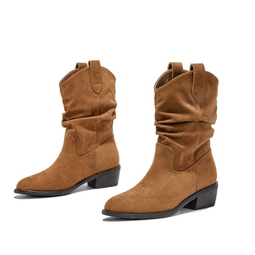 ENEN Cowboystiefel Damen Weiter Schaft, Wildleder Stiefeletten Mit Herbst Winter Halbstiefel Atmungsaktiv Kurzstiefel Westernstiefel 35-40 EU (Kamel,37) von ENEN