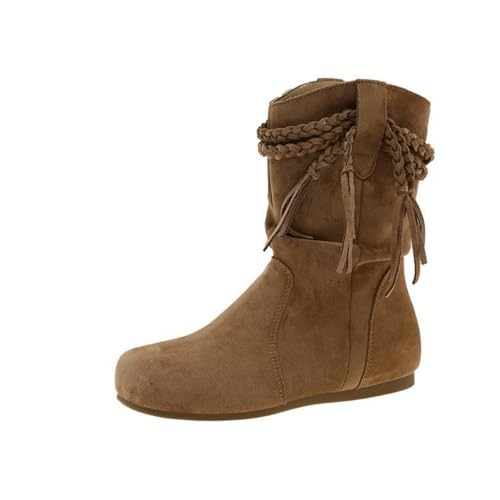ENEN Cowboystiefel Damen Weiter Schaft, Wildleder Stiefeletten Mit Herbst Winter Halbstiefel Atmungsaktiv Reißverschluss Kurzstiefel Westernstiefel Quasten 35-42 EU (Khaki,41) von ENEN