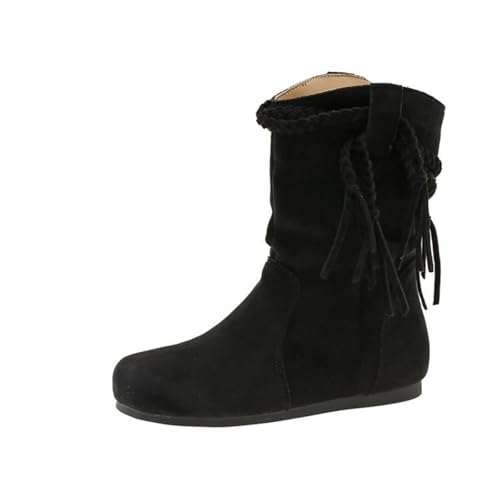 ENEN Cowboystiefel Damen Weiter Schaft, Wildleder Stiefeletten Mit Herbst Winter Halbstiefel Atmungsaktiv Reißverschluss Kurzstiefel Westernstiefel Quasten 35-42 EU (Schwarz,40) von ENEN