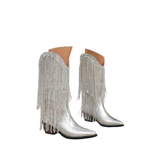 ENEN Cowboystiefel Damen Weiter Schaft, Wildleder Stiefeletten Mit Herbst Winter Halbstiefel Atmungsaktiv Reißverschluss Kurzstiefel Westernstiefel Quasten 36-42 EU (Silber,40) von ENEN