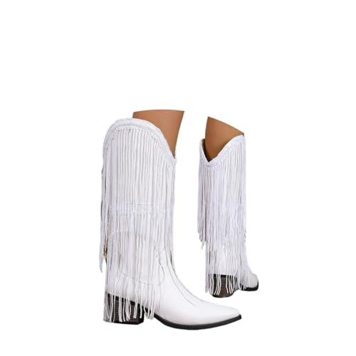ENEN Cowboystiefel Damen Weiter Schaft, Wildleder Stiefeletten Mit Herbst Winter Halbstiefel Atmungsaktiv Reißverschluss Kurzstiefel Westernstiefel Quasten 36-42 EU (Weiß,40) von ENEN