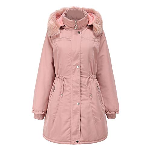 ENEN Damen Jacke Parka Mantel Winter Daunenjacke warm gefüttert Slim Fit Tunnelzug Reißverschluss Dicker Trenchcoats mit Kapuze und Tasche (Rosa,M) von ENEN