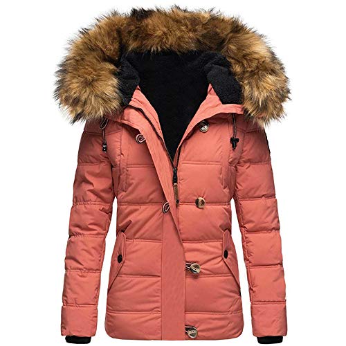 ENEN Damen Jacke Parka Mantel Winter Daunenjacke warm gefüttert Slim Fit Tunnelzug Reißverschluss Dicker Trenchcoats mit Kapuze und Tasche (Rosa,M) von ENEN