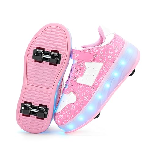 ENEN Schuhe mit Rollen Mädchen, Sommer Schuhe mit Rollen für Jungen Rollschuhe 2-in-1 Kinder Outdoor Turnschuhe Versenkbarer 30 EU-40 EU (Rosa,30) von ENEN