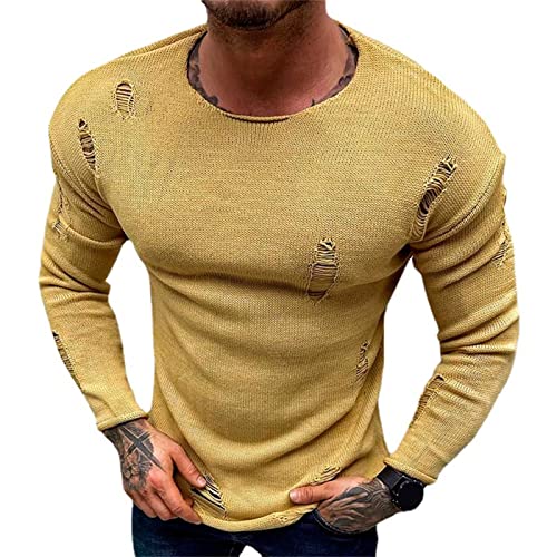 ENENEN Herren ausgefranstes Langarm-Strickhemd lässiger Rundhals-Pullover Bottoming-Pullover von ENENEN