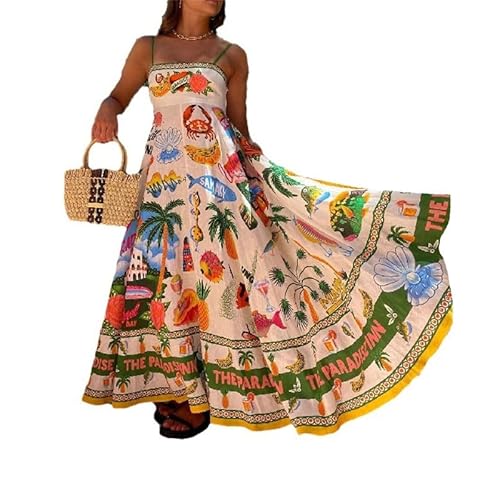 ENENEN Slip-Kleid aus Baumwolle und Leinen, ärmelloses Sommer-Slip-Kleid mit Graffiti-Druck von ENENEN