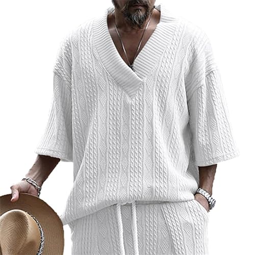 Herren V-Ausschnitt Jacquard einfarbig T-Shirt Oversize mittlere Ärmel lässig Strick-T-Shirt von ENENEN