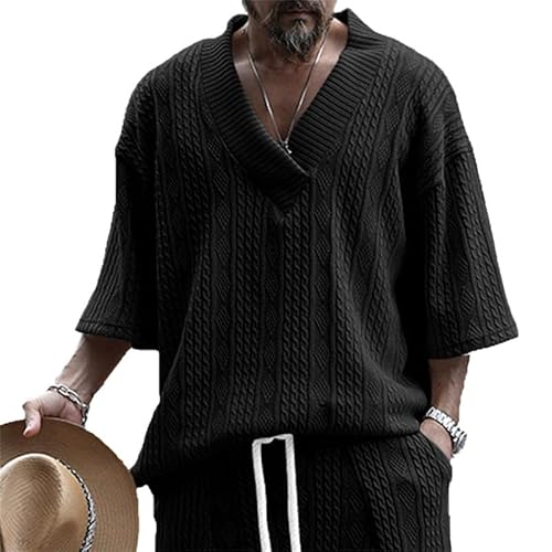 Herren V-Ausschnitt Jacquard einfarbig T-Shirt Oversize mittlere Ärmel lässig Strick-T-Shirt von ENENEN