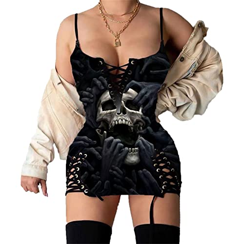 Sling-Kleid mit Totenkopf-Print für Damen, modisch, schmales A-Linien-Trägerkleid von ENENEN