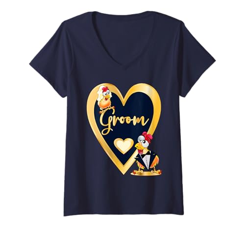 Damen Hochzeit Ehemann JGA LUSTIGE HÜHNER Groom BRÄUTIGRAM T-Shirt mit V-Ausschnitt von ENGAGEMENT WEDDING HONEYMOON MARRIED HEART