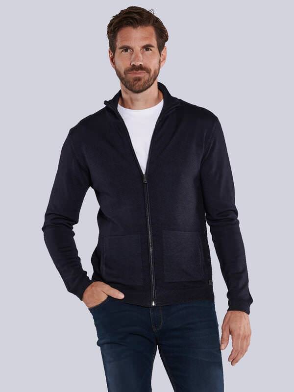 ENGBERS GERMANY Herren Cardigan aus 100% Merinowolle Blau regular uni Stehkragen von ENGBERS GERMANY