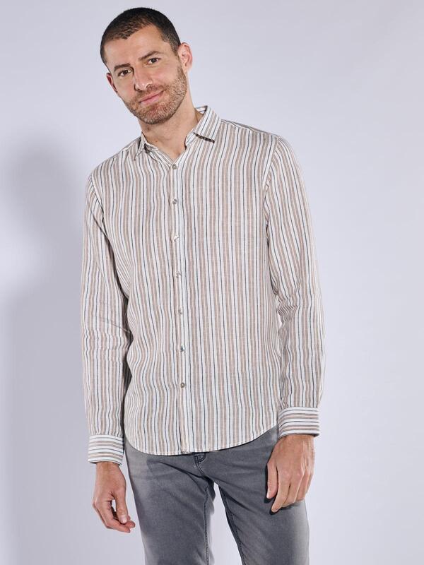 ENGBERS GERMANY Herren Langarm-Hemd aus Leinen Braun slim fit gestreift Haifisch von ENGBERS GERMANY