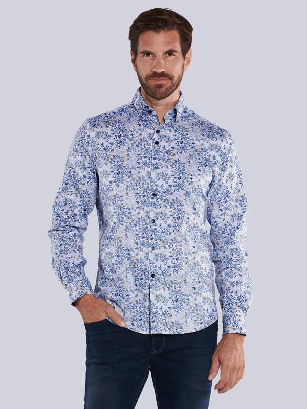 ENGBERS GERMANY Herren Langarm-Hemd aus Satin-Warenqualität Blau slim fit gemustert Button Under von ENGBERS GERMANY