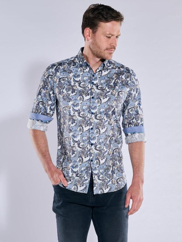 ENGBERS GERMANY Herren Langarm-Hemd in Satin-Warenqualität Blau slim fit gemustert Button Under von ENGBERS GERMANY