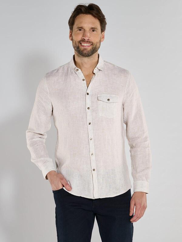 ENGBERS GERMANY Herren Langarm-Hemd aus softem Leinen Beige slim fit gestreift Button Under von ENGBERS GERMANY