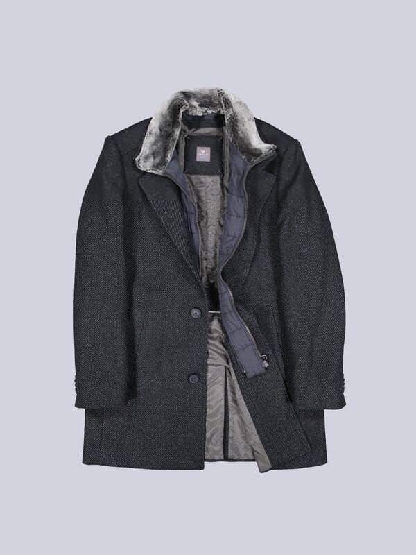 ENGBERS GERMANY Herren Mantel mit Fellkragen-Inlet Blau regular uni Stehkragen von ENGBERS GERMANY