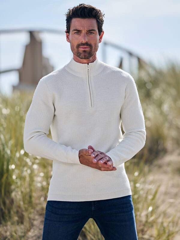 ENGBERS GERMANY Herren Pullover mit Troyerkragen Beige regular uni Zipper von ENGBERS GERMANY