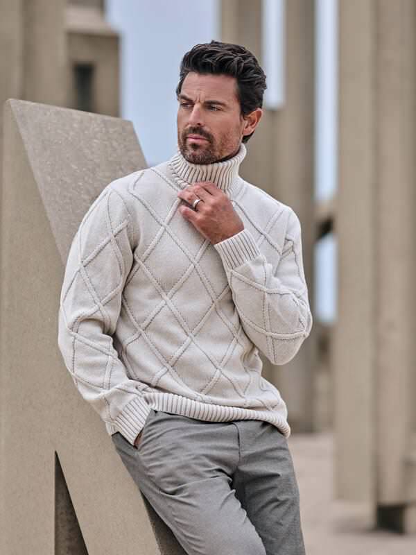 ENGBERS GERMANY Herren Rollkragen mit edlem Zopfmuster Grau regular gemustert Rollkragen von ENGBERS GERMANY