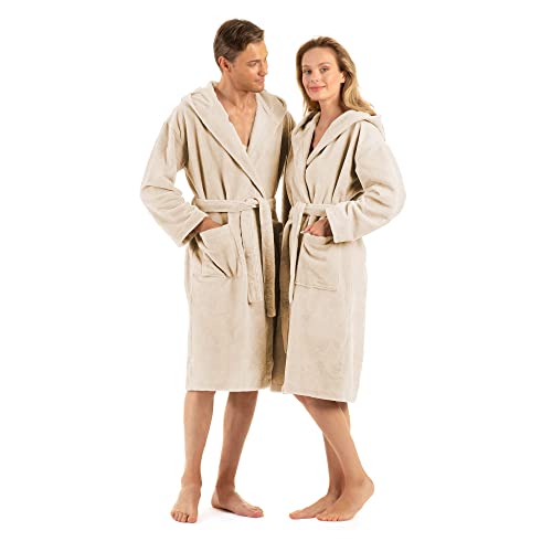 ENGLISH HOME Bademantel Damen Flauschig, Bademantel Herren mit Kapuze aus Baumwolle, Frottee Saunamantel, Unisex, Sauna Mantel Damen mit lang Gürtel von ENGLISH HOME